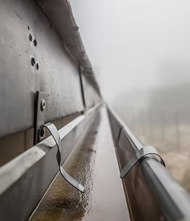 Close-up of a seamless gutter shedding rain on a Northern Colorado home
